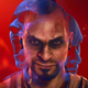 Close up shot of Vaas from Far Cry 6's new DLC, behind him a red background and blue, ghostly copies of him.